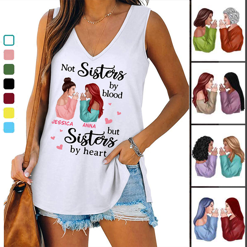 Besties Drinking Sisters By Heart Personalized Women Tank Top V Neck Casual Flowy Sleeveless