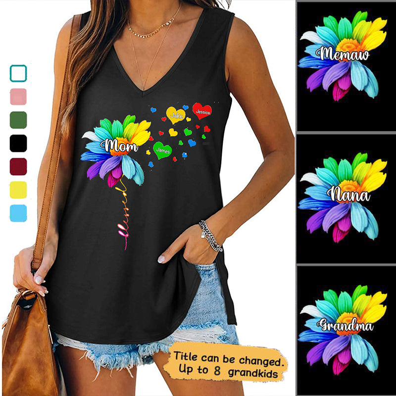 Grandma Dandelion Colorful Flower Personalized Women Tank Top V Neck Casual Flowy Sleeveless