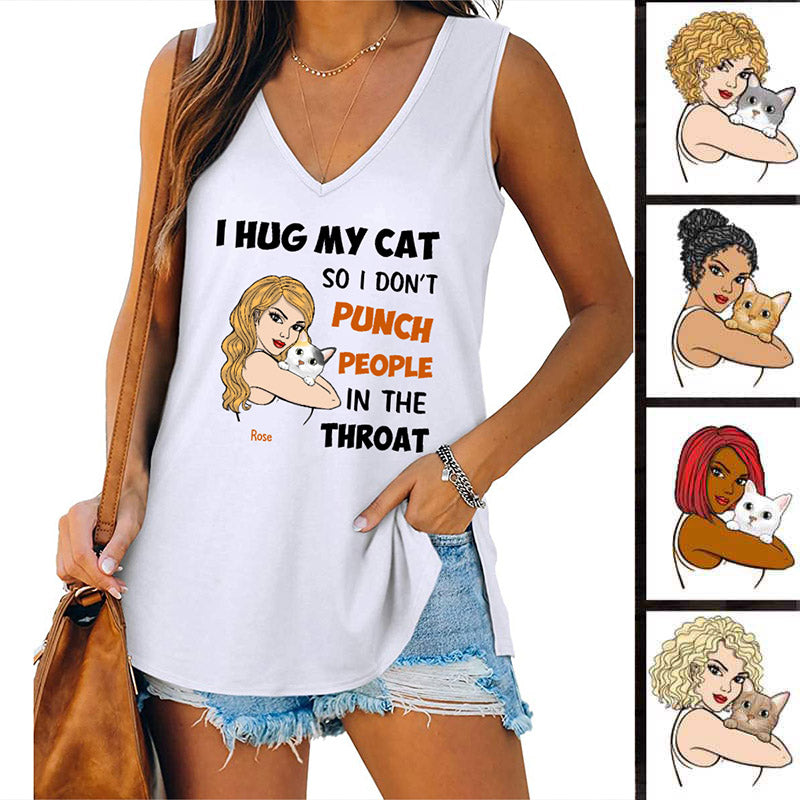 Hug My Cat Strong Woman Personalized Women Tank Top V Neck Casual Flowy Sleeveless