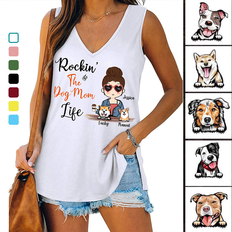 Chibi Girl Rockin‘ Dog Mom Life Personalized Women Tank Top V Neck Casual Flowy Sleeveless