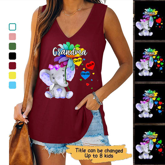 Elephant Colorful Flower Grandma Personalized Women Tank Top V Neck Casual Flowy Sleeveless