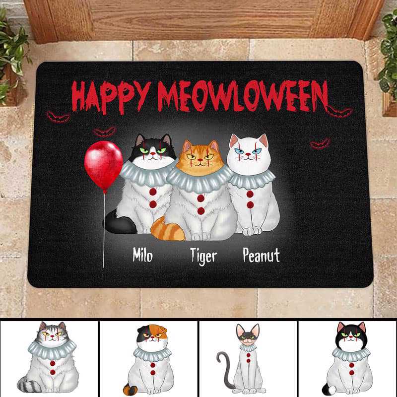 Happy Meowloween Fluffy Cats Red Balloon Personalized Doormat