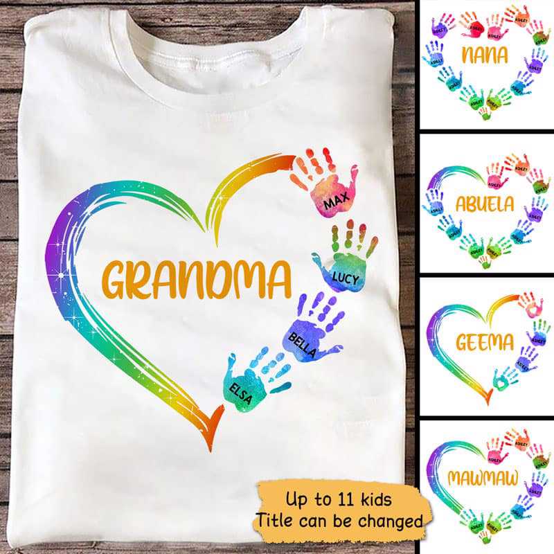 Grandma Mom Heart Hand Print Personalized Light Color Shirt