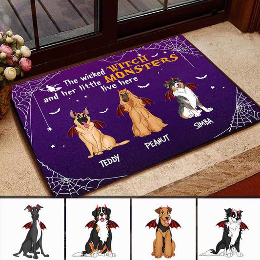 Halloween Wicked Witch & Little Monster Sitting Dog Personalized Doormat