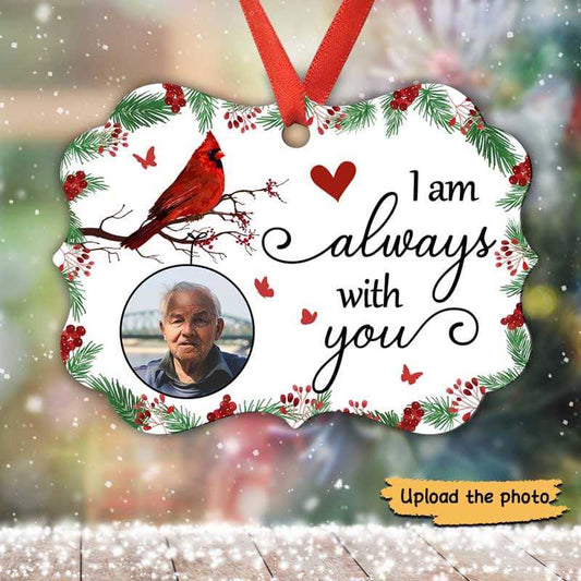 Always With You Holly Branch Cardinal Memorial Photo Personalized Christmas Ornament