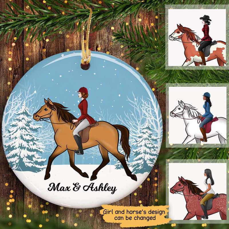 Girl And Her Horse Personalized Christmas Decorative Circle Ornament