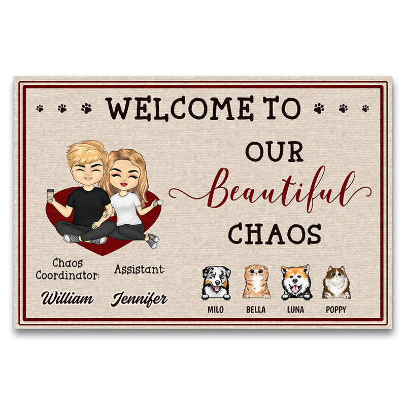 Dog Cat Lovers Welcome To Our Beautiful Chaos Couple Husband Wife - Gift For Couples - Personalized Custom Doormat