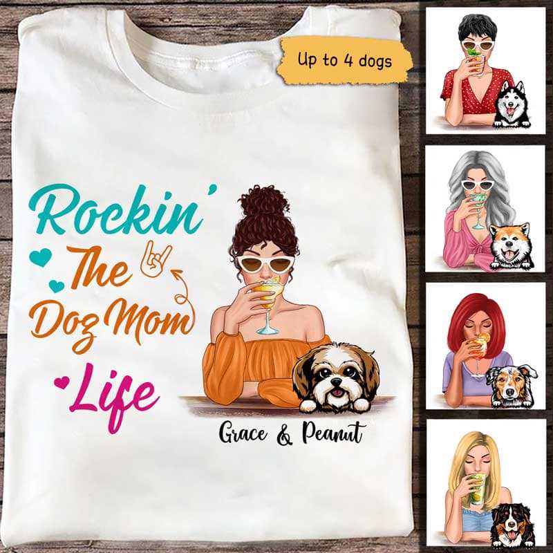 Rockin' Dog Mom Life カラフルパターン パーソナライズ レディース タンクトップ Vネック カジュアル 流れるような ノースリーブ