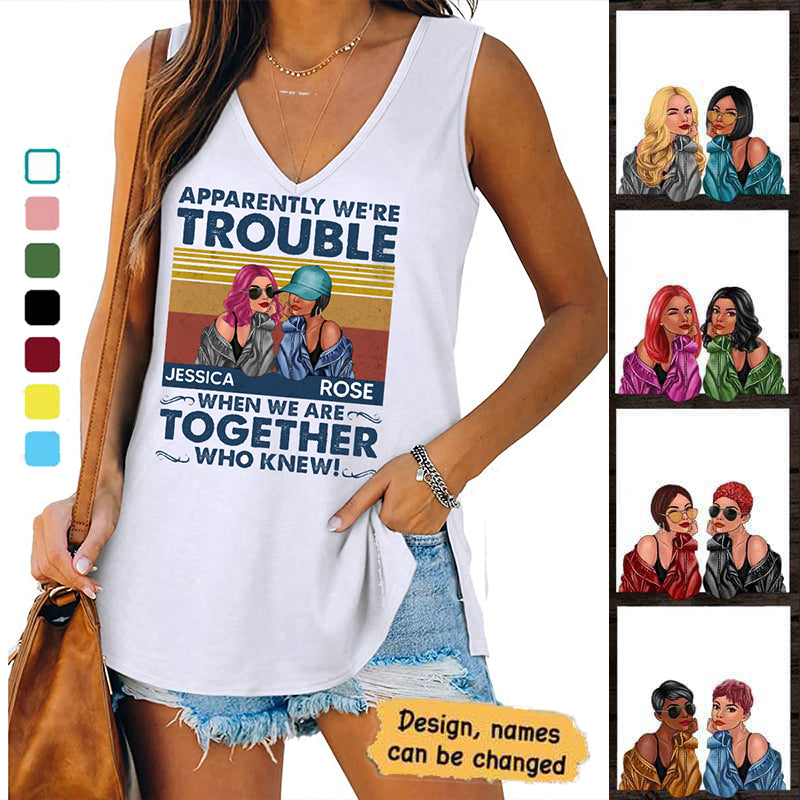 Trouble Fashion Besties Retro Personalized Women Tank Top V Neck Casual Flowy Sleeveless