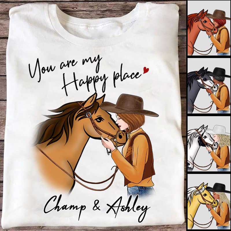 You Are My Happy Place Horse And Girl Personalized Women Tank Top V Neck Casual Flowy Sleeveless