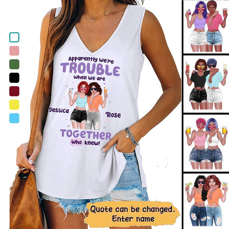 Trouble Together Summer Front View Besties Personalized Women Tank Top V Neck Casual Flowy Sleeveless