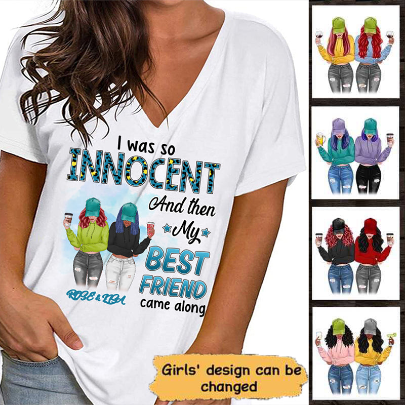 Modern Girls Besties I Was Innocent Personalized Womens Short Sleeve Tops V Neck Casual Flowy