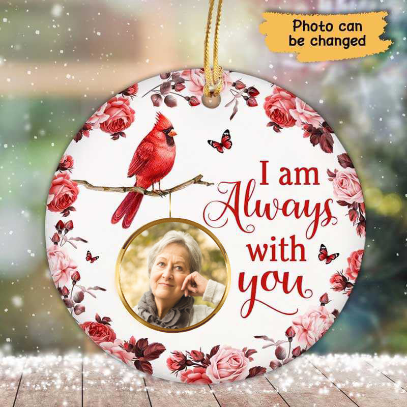 Cardinal Floral Frame Memorial Photo Personalized Circle Ornaments - Always With You