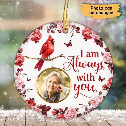 Cardinal Floral Frame Memorial Photo Personalized Circle Ornaments - Always With You