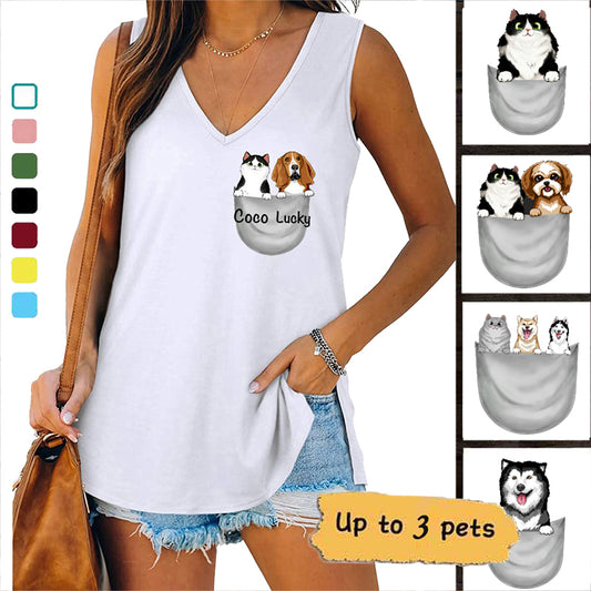 Dog Cat Pocket Personalized Women Tank Top V Neck Casual Flowy Sleeveless