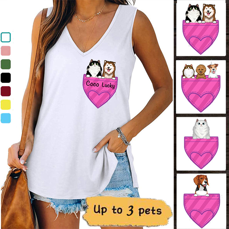 Dog & Cat Pocket Personalized Women Tank Top V Neck Casual Flowy Sleeveless