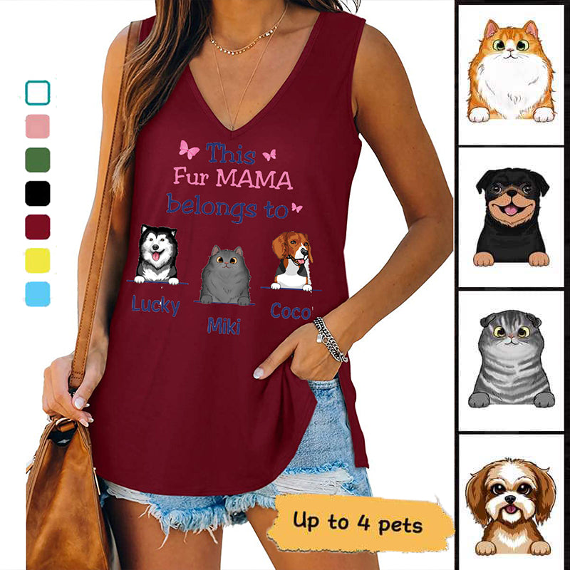 This Dog Cat Mom Fur Mama Belongs To Personalized Women Tank Top V Neck Casual Flowy Sleeveless