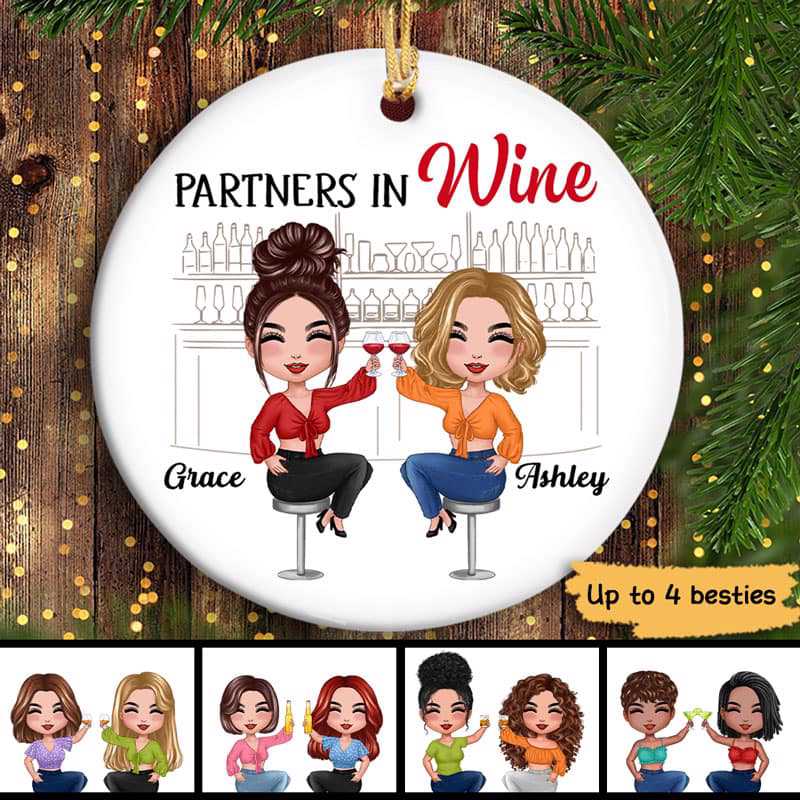 Doll Besties Partners In Wine Personalized Circle Ornaments