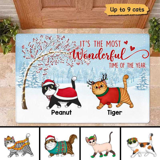 Cats Under Berry Tree Christmas Personalized Doormat