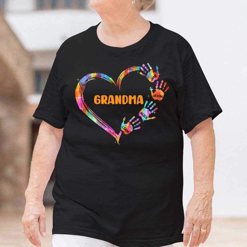 Mom Grandma Colorful Heart Hand Print Personalized Shirt