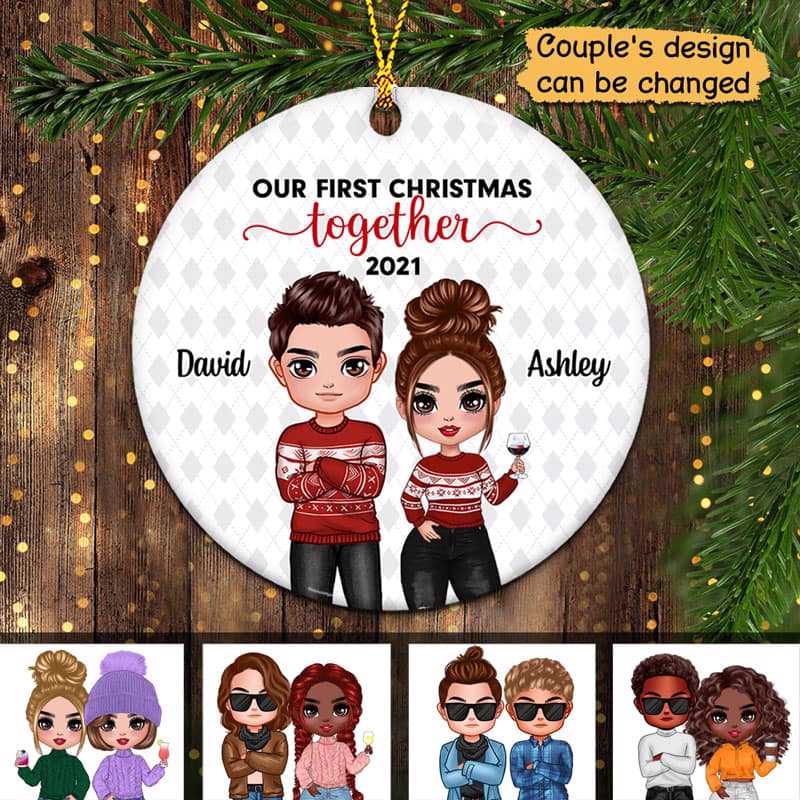 Doll Couple First Christmas Personalized Circle Ornament