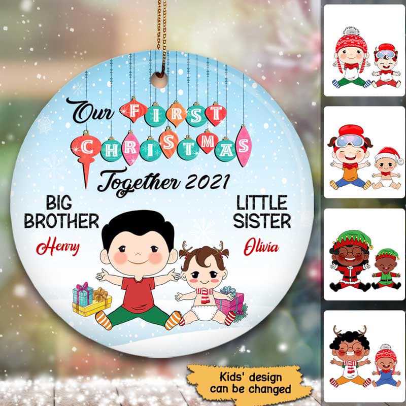 Brothers Sisters First Christmas Personalized Circle Ornament