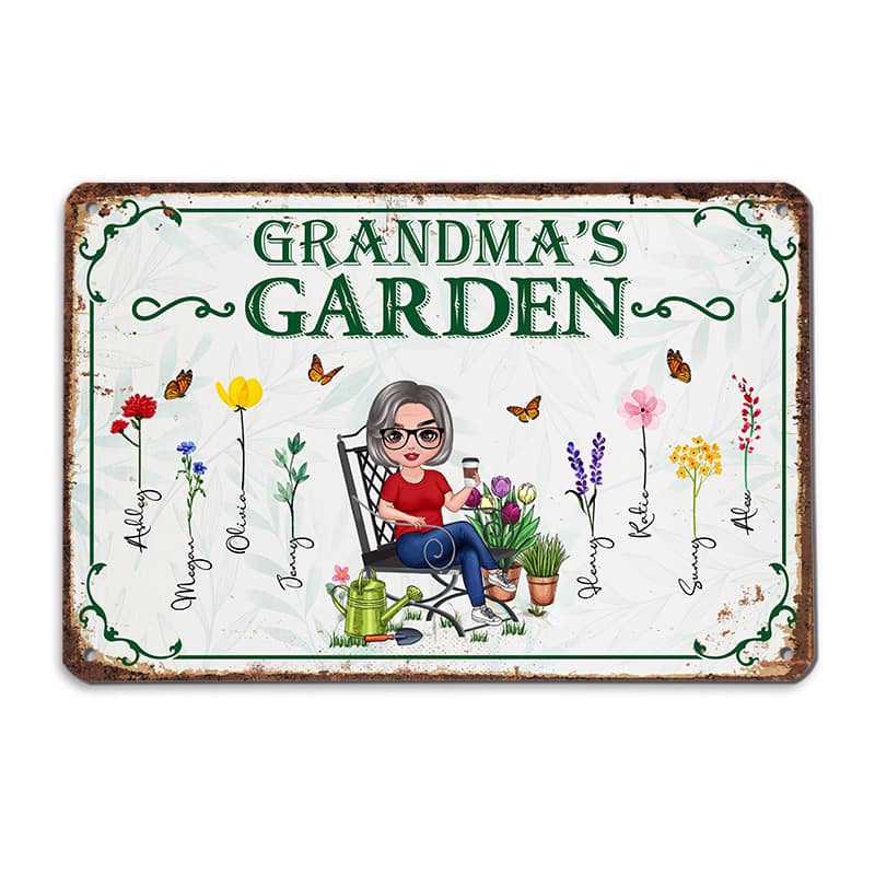 おばあちゃんの庭の水彩画の花のパーソナライズされたメタルサイン