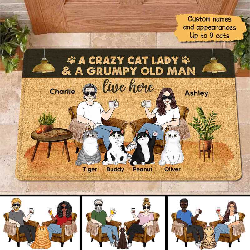 Crazy Cat Lady Grumpy Old Man With Cats Sitting In House Personalized Doormat