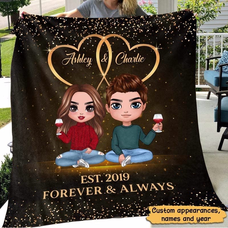 Doll Couple Sitting Gift For Him For Her Personalized Fleece Blanket