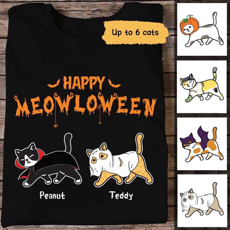 Happy Meowloween Halloween Walking Cat Personalized Shirt