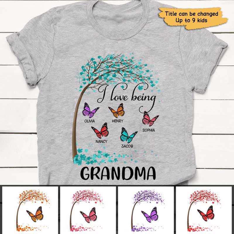 落ち葉と蝶おばあちゃんのパーソナライズされたシャツ