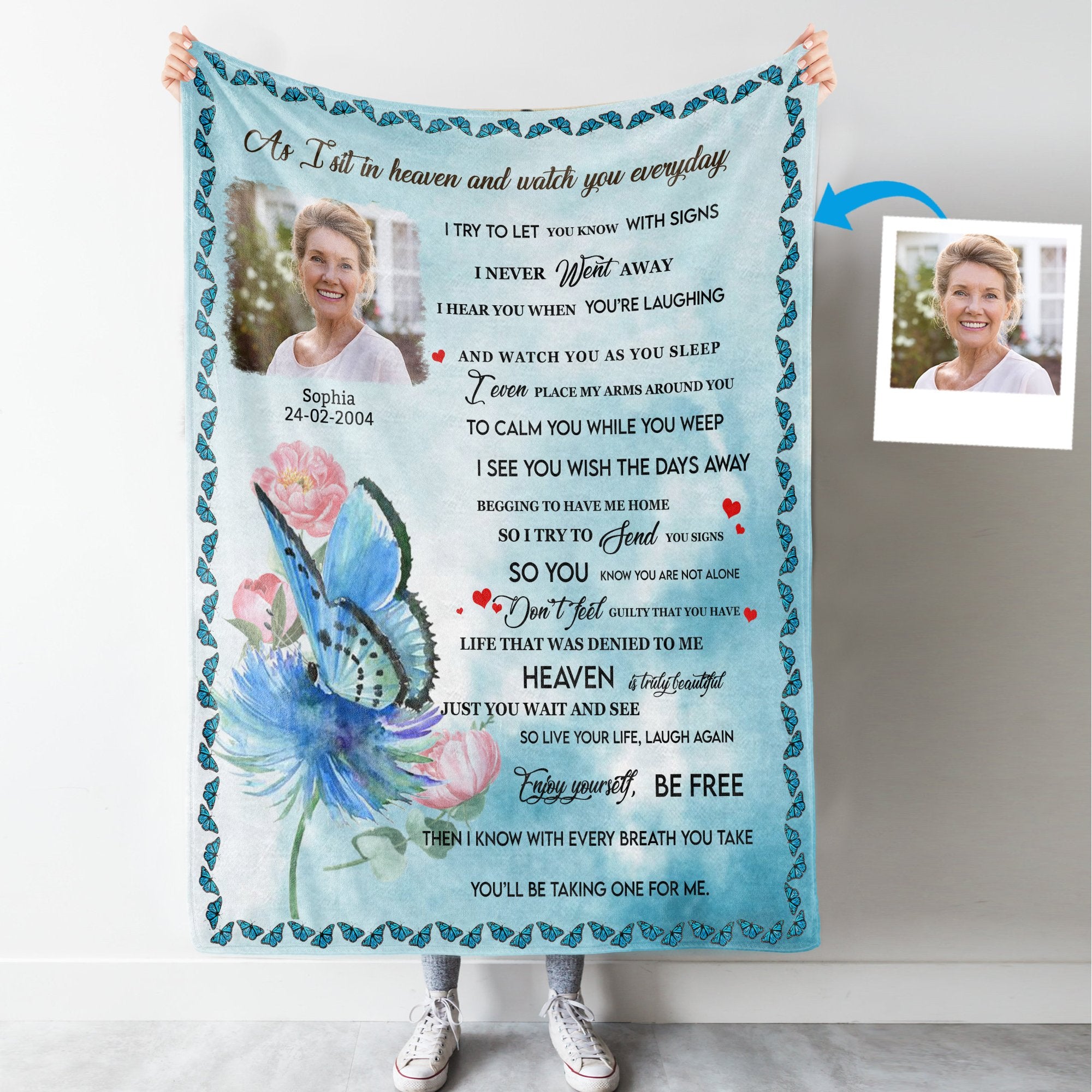 As I Sit In Heaven Blue Butterfly Personalized Memorial Blanket Gift for Family Remembrance