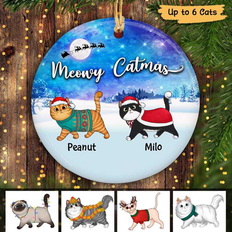 Fluffy Cats Walking In Christmas Night Personalized Circle Ornament