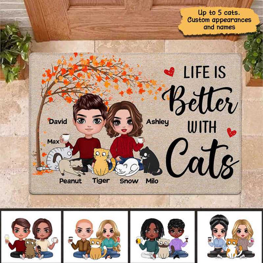 Doll Couple And Cats Sitting Under Tree Personalized Doormat