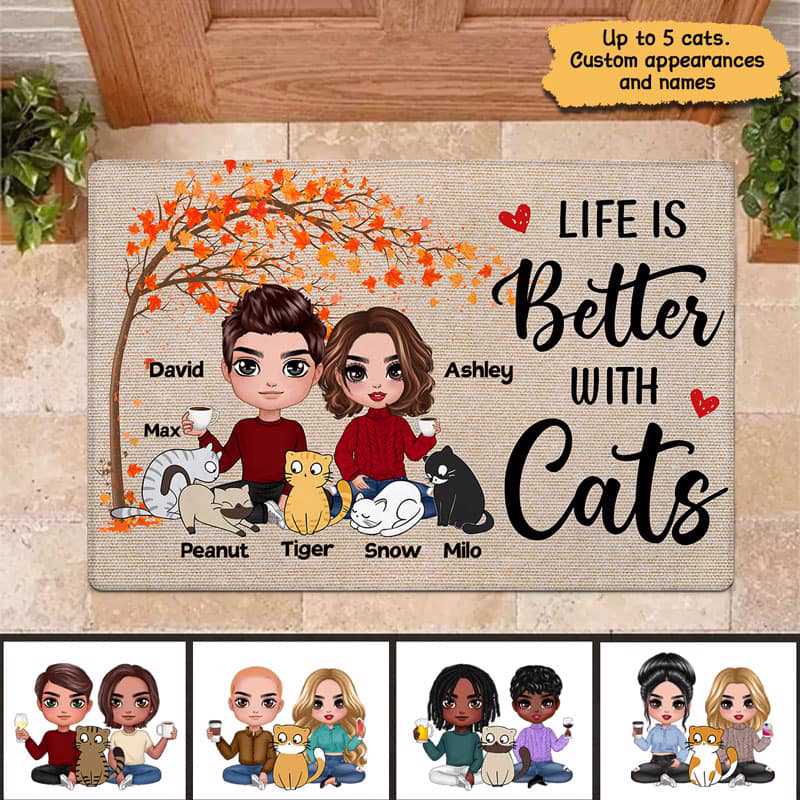 Doll Couple And Cats Sitting Under Tree Personalized Doormat