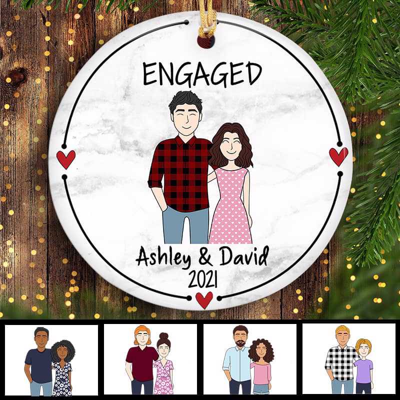 Engaged Doodle Couple Wedding Anniversary Christmas Gift Personalized Circle Ornament