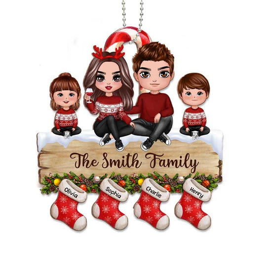 Doll Family Sitting On Palette Stocking Personalized Metal Ornament