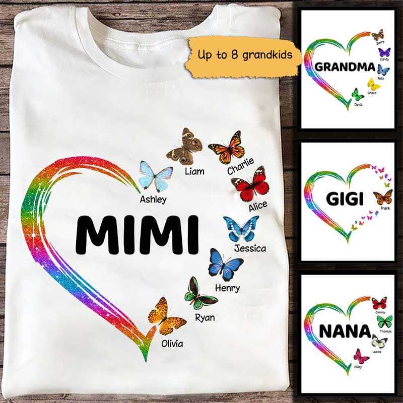 Butterflies Heart Grandma Mom Personalized Shirt