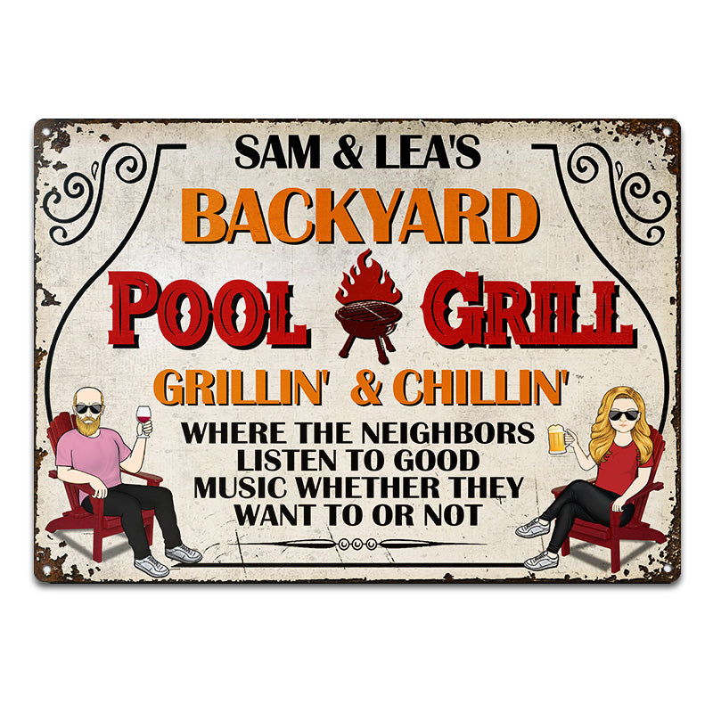 Backyard Pool And Grill Listen Good Music - Swimming Pool Decor - Personalized Custom Classic Metal Signs