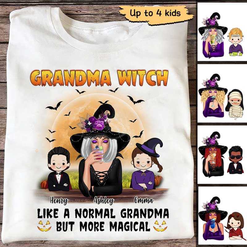 おばあちゃんの魔女と子供のパーソナライズされたシャツ