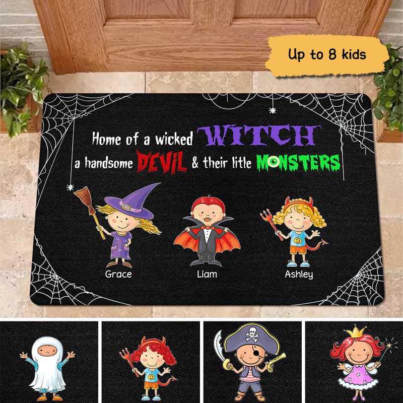 Halloween Wicked Witch Handsome Devil & Little Monsters Personalized Doormat