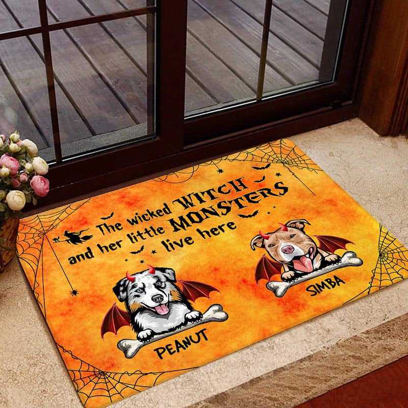 Halloween Wicked Witch & Little Monster Dog Personalized Doormat