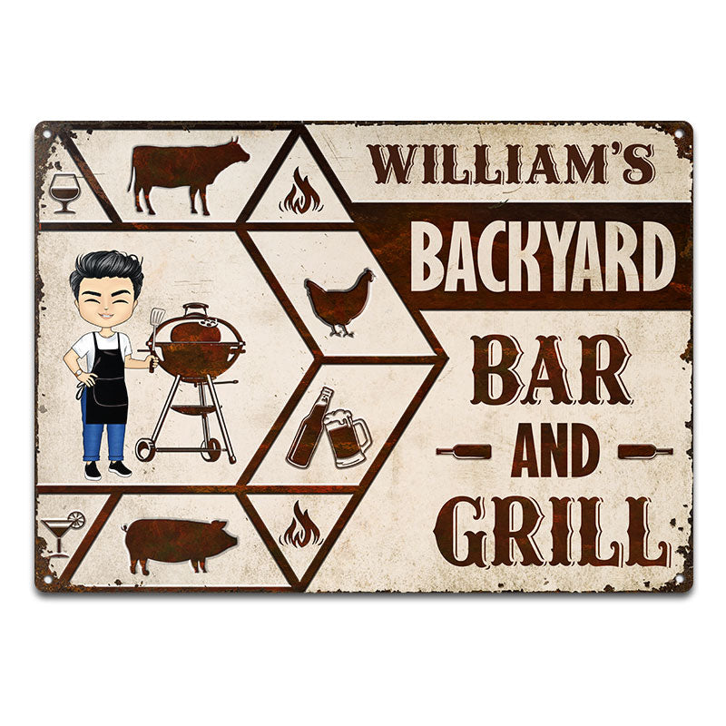 Backyard Bar &amp; Grill BBQ - 裏庭の装飾 - パーソナライズされたカスタムクラシックメタルサイン