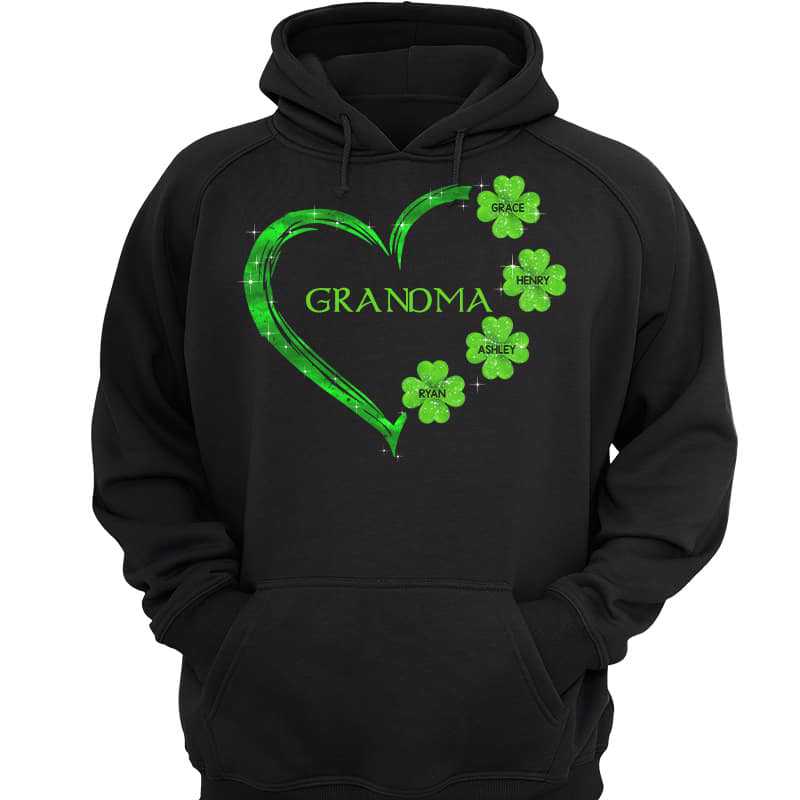 Grandma Shamrock Heart St. Patrick‘s Day Irish Personalized Hoodie Sweatshirt