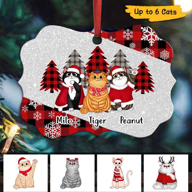 Checkered Glitter Fluffy Cats Personalized Christmas Ornament