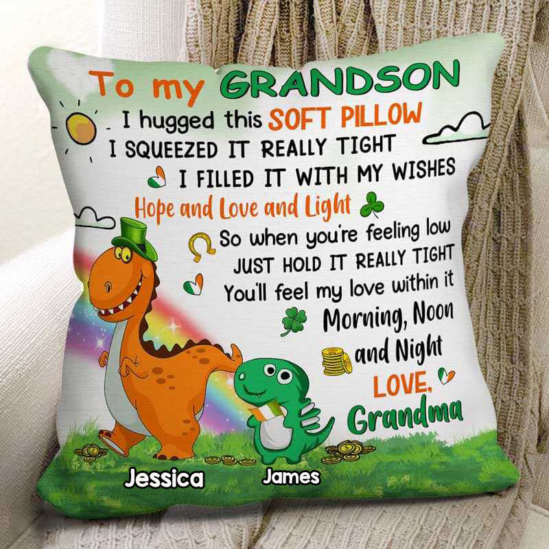 To My Grandkids Dinosaurs St. Patrick‘s Day Personalized Pillow