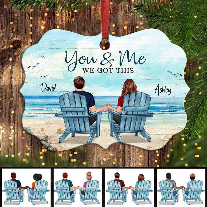 Back View Couple Sitting Beach Landscape Personalized Christmas Ornament