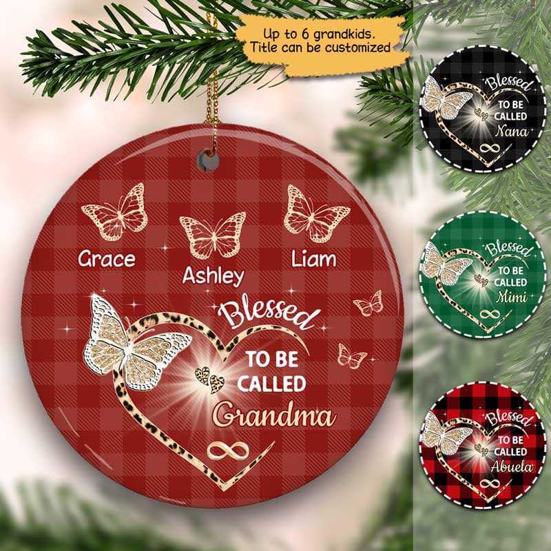 Heart Butterflies Grandma Leopard Checkered Personalized Circle Ornament