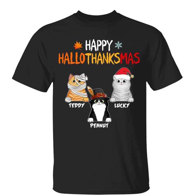 Hallothanksmas Halloween Thanksgiving Christmas Fluffy Cats Personalized Shirt