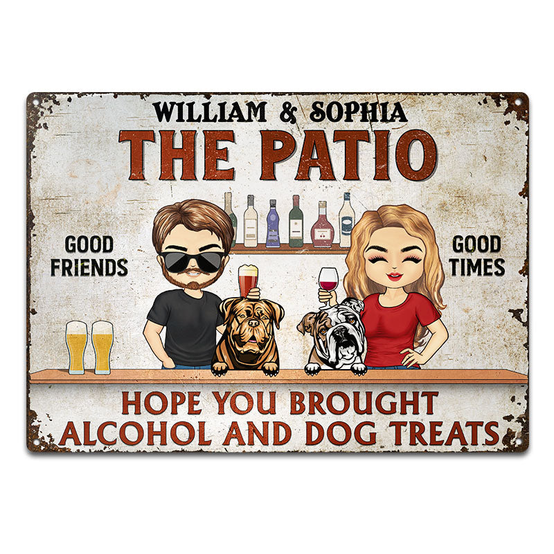 Hope You Brought Alcohol And Dog Treats Chibi Couple Husband Wife - Backyard Sign - Personalized Custom Classic Metal Signs